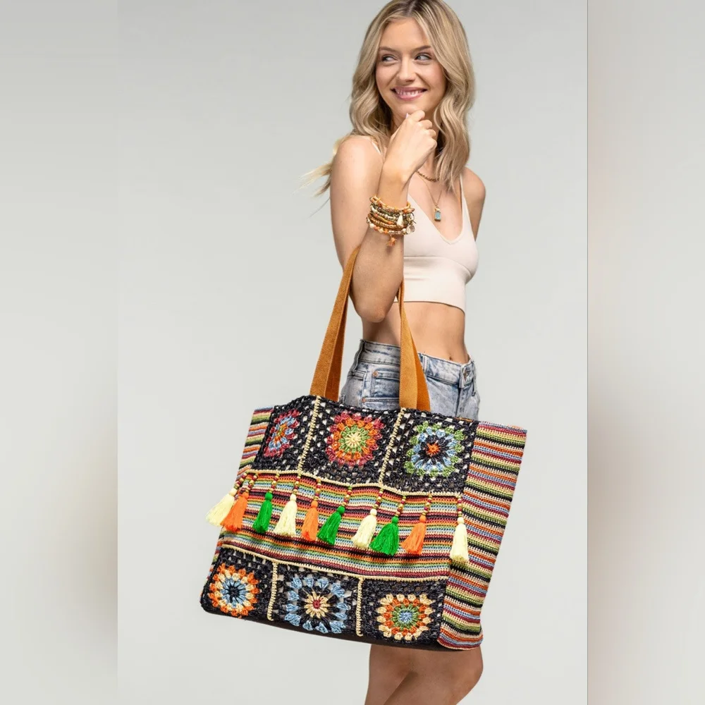 Vibrant Floral & Striped Hand Crocheted Shoulder Bag w/ Colorful Tassel Accents - Picture 6 of 11